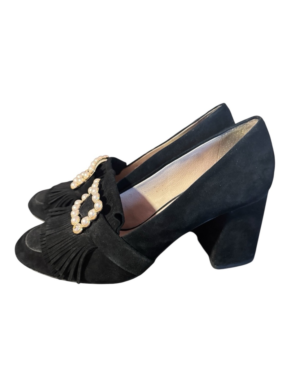 Louise et Cie Idali Black Suede Pearl Buckle Fringe Kiltie Pumps Size 9.5 - Picture 3 of 5